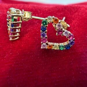 Heart Stud Earrings, Rainbow CZ, Gold-Plated Silver